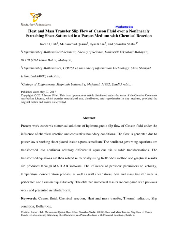 (PDF) Heat and Mass Transfer Slip Flow of Casson Fluid over a ...