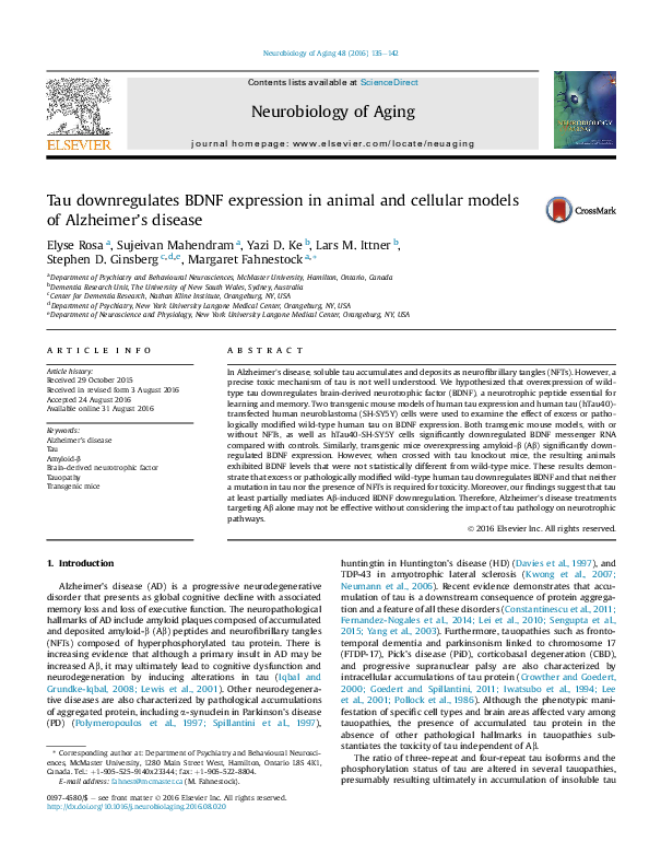 (PDF) Tau downregulates BDNF expression in animal and cellular models ...