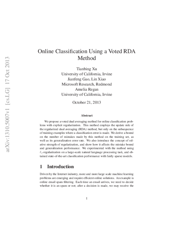 (PDF) Online Classification Using a Voted RDA Method