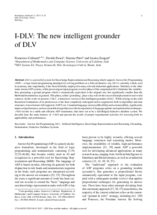(PDF) I-DLV: The new intelligent grounder of DLV