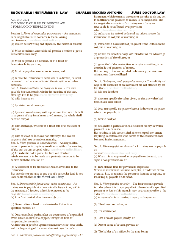 (DOC) NEGOTIABLE INSTRUMENTS