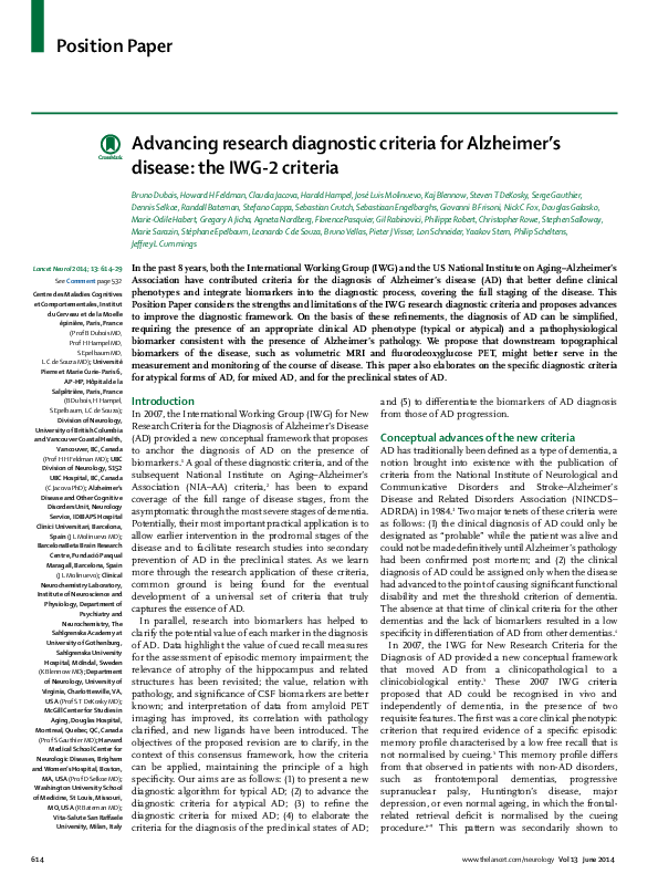 (PDF) LANCET NEUROLOGY_IWG2 Diagnostic AD criteria_2014.pdf Harald