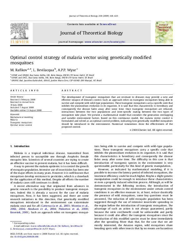 (PDF) Optimal control strategy of malaria vector using genetically ...