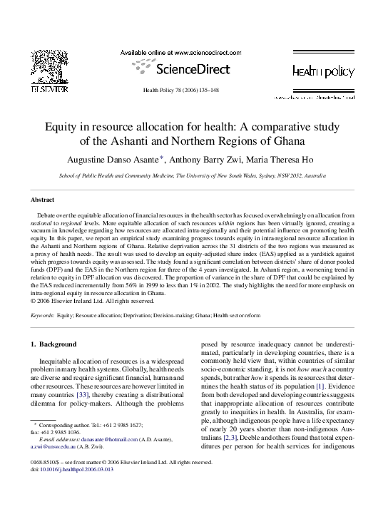 (PDF) Equity in resource allocation for health: A comparative study of ...