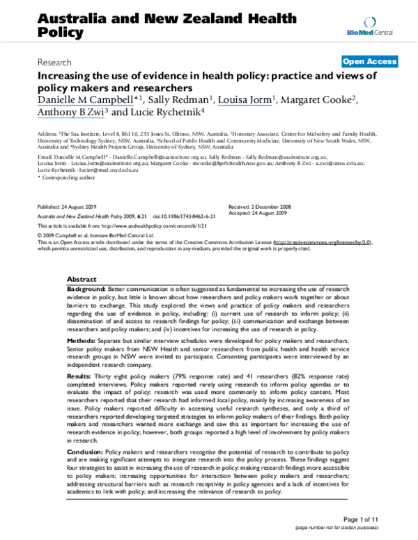 (PDF) Increasing the use of evidence in health policy: practice and ...