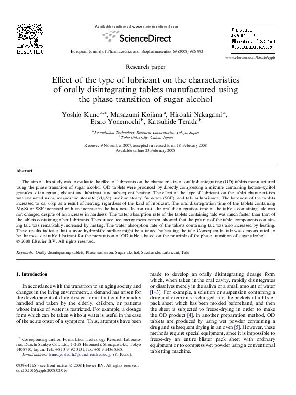 (PDF) Effect of the type of lubricant on the characteristics of orally