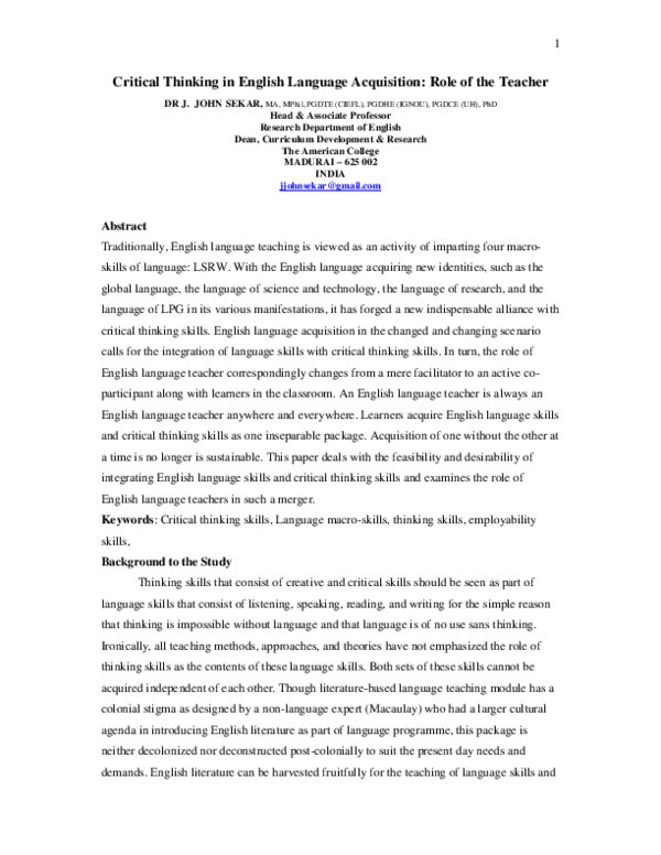 (PDF) Sekar, J.J. 2013. Critical Thinking in English Language ...