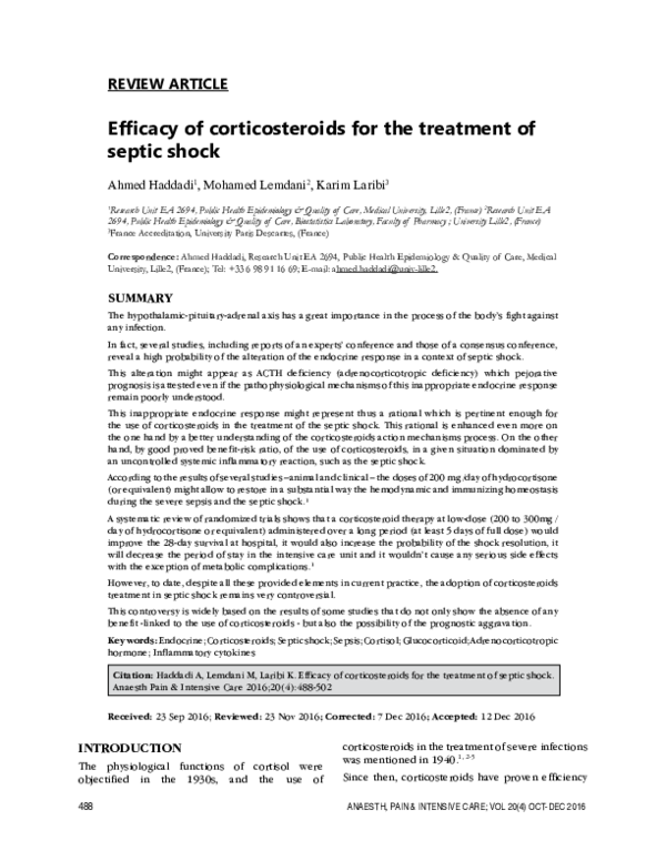 (PDF) Efficacy of corticosteroids for the treatment of septic shock