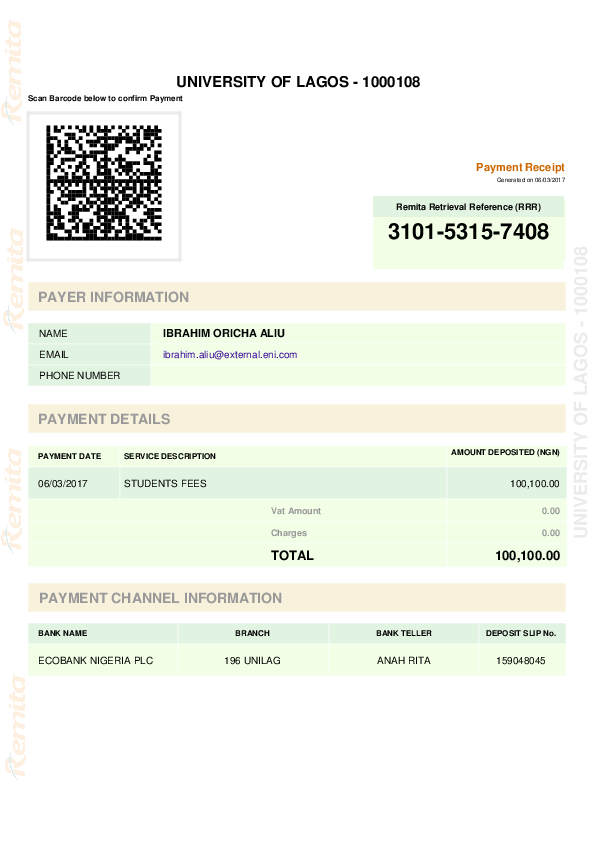 (PDF) Payment Receipt Remita Retrieval Reference (RRR) Scan Barcode