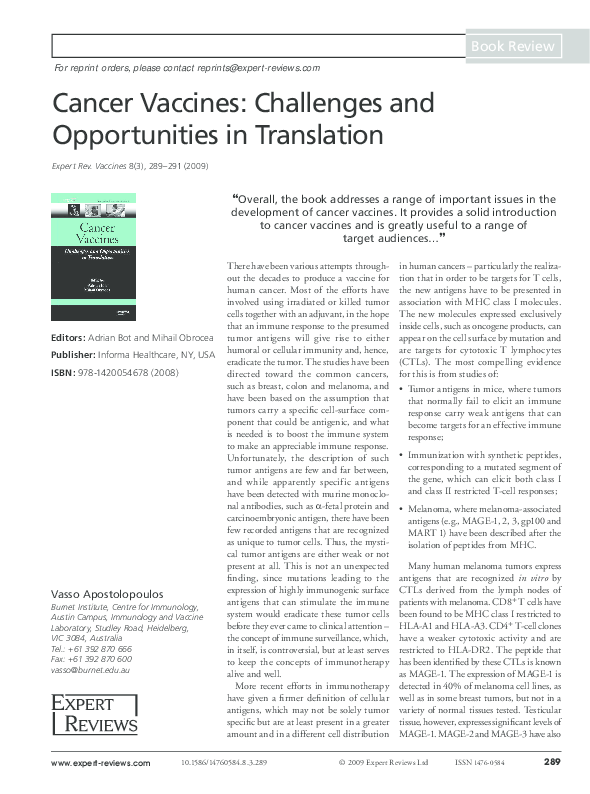 (PDF) Cancer Vaccines: Challenges and Opportunities in Translation