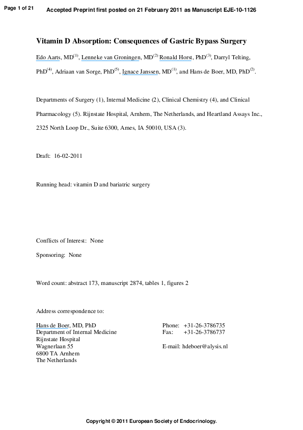 (PDF) Vitamin D absorption consequences of gastric bypass surgery