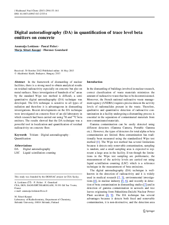 (PDF) Digital autoradiography (DA) in quantification of trace level
