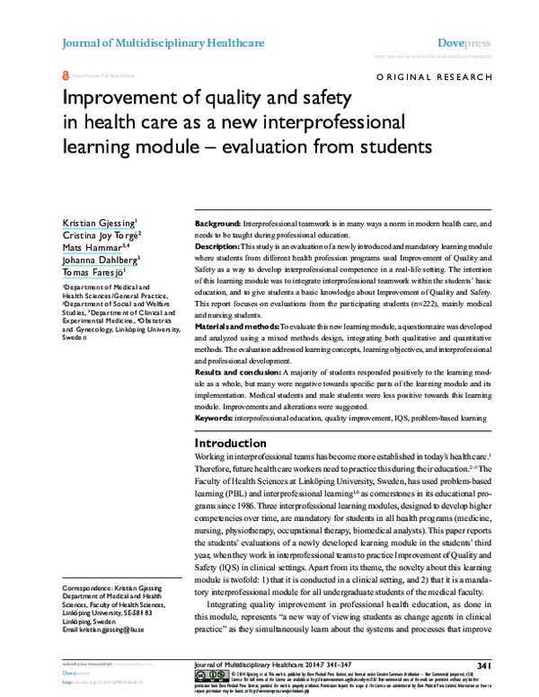 (PDF) Improvement of quality and safety in health care as a new ...
