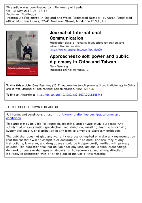 (PDF) Approaches to soft power and public diplomacy in China and Taiwan