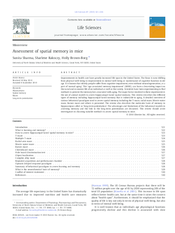 (PDF) Assessment of spatial memory in mice