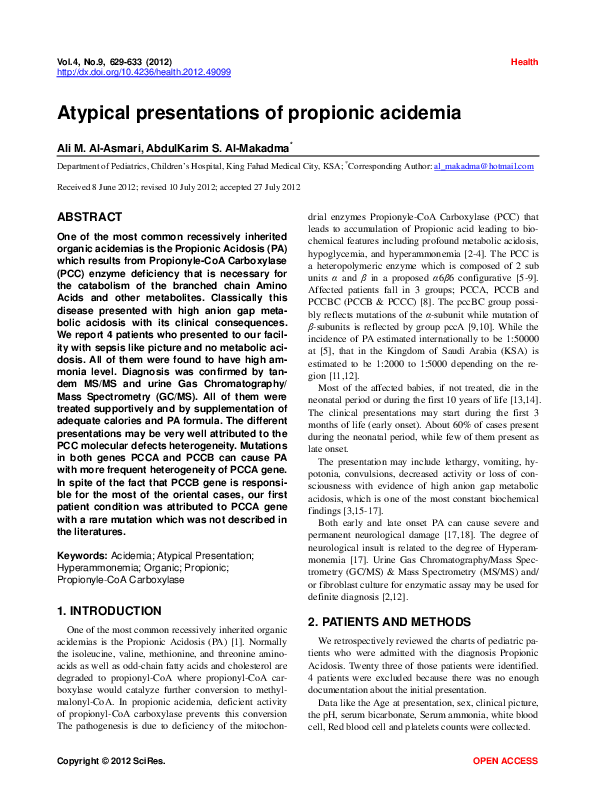 (PDF) Atypical presentations of propionic acidemia