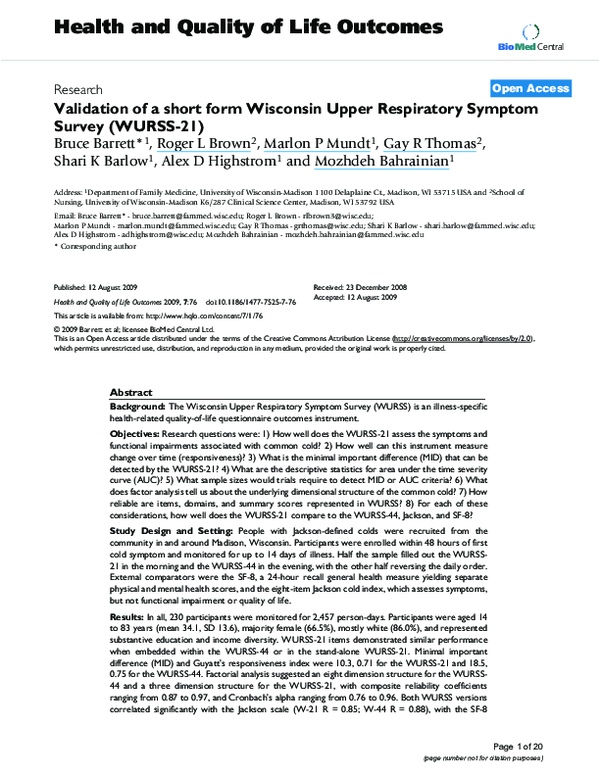 (PDF) Validation of a short form Wisconsin Upper Respiratory Symptom ...