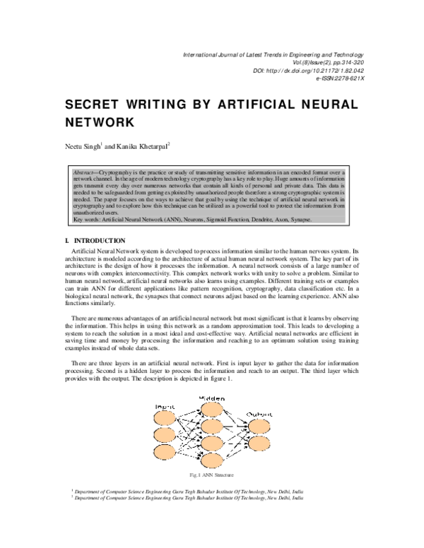(PDF) SECRET WRITING BY ARTIFICIAL NEURAL NETWORK