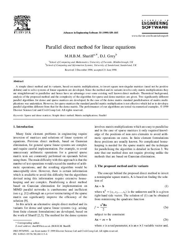 (PDF) Parallel direct method for linear equations