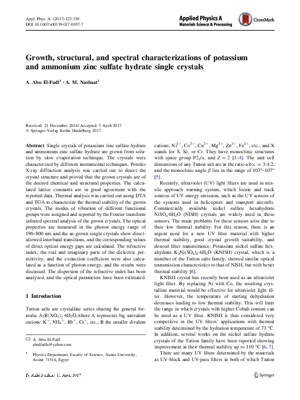 (PDF) Growth, structural, and spectral characterizations of potassium