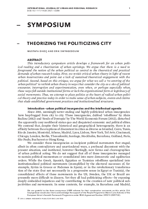 (PDF) SYMPOSIUM — TheOrIzIng The POlITIcIzIng cITY