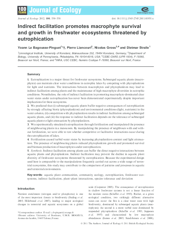 (PDF) Indirect facilitation promotes macrophyte survival and growth in ...