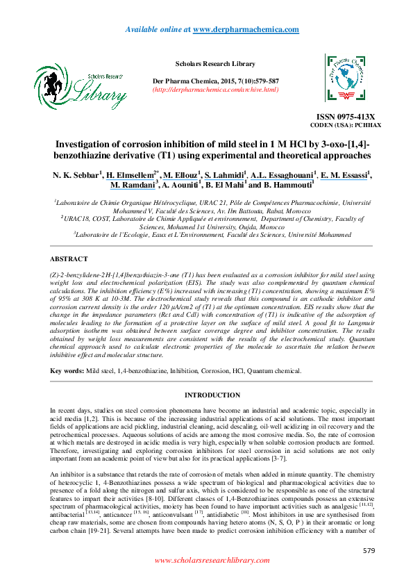 (PDF) Investigation of corrosion inhibition of mild steel in 1 M HCl by ...
