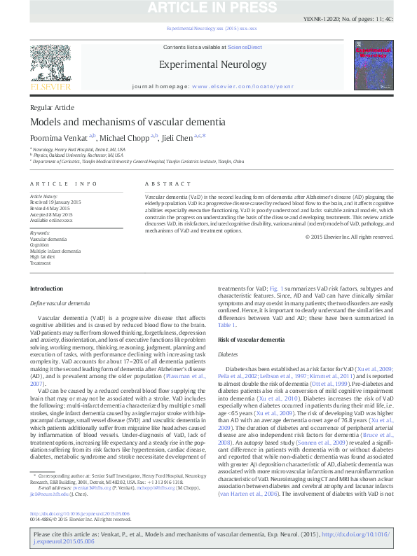(PDF) Models and mechanisms of vascular dementia