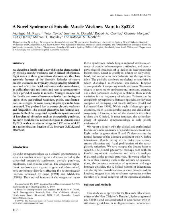 (PDF) A Novel Syndrome of Episodic Muscle Weakness Maps to Xp22.3