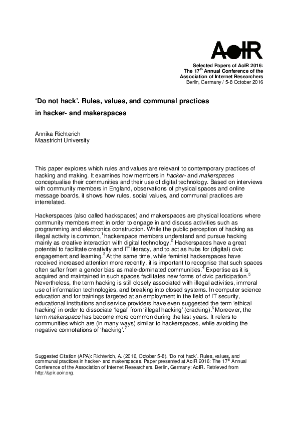 (PDF) 'Do not hack'. Rules, values, and communal practices in hacker ...