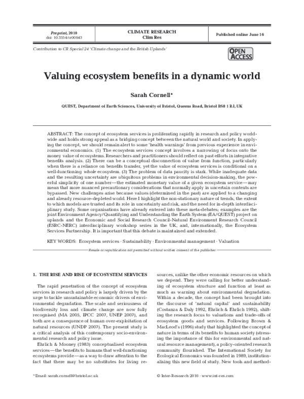(PDF) Valuing ecosystem benefits in a dynamic world