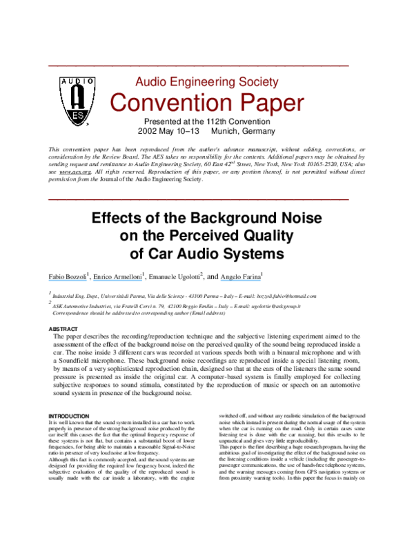 (PDF) Effects of the Background Noise on the Perceived Quality of Car ...