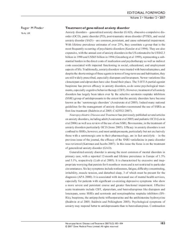 (PDF) Treatment of generalized anxiety disorder