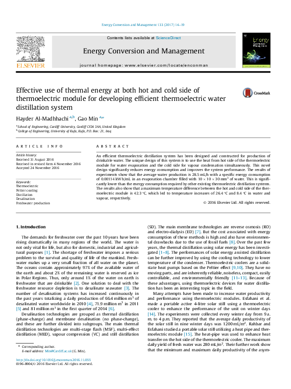 (PDF) Effective use of thermal energy at both hot and cold side of