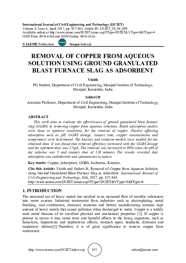 (PDF) REMOVAL OF COPPER FROM AQUEOUS SOLUTION USING GROUND GRANULATED ...