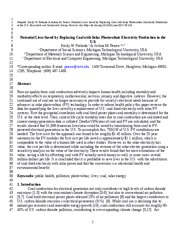Potential Lives Saved by Replacing Coal with Solar Photovoltaic Electricity Production in the U.S.