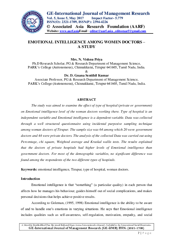 Pdf Emotional Intelligence Among Women Doctors A Study Aarf Publications Journals Academia Edu