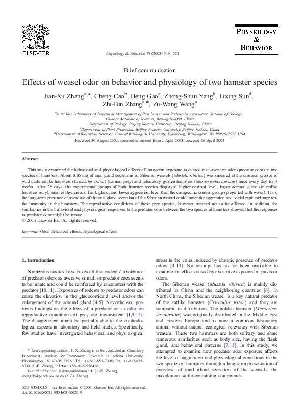 (PDF) Brief communication Effects of weasel odor on behavior and ...