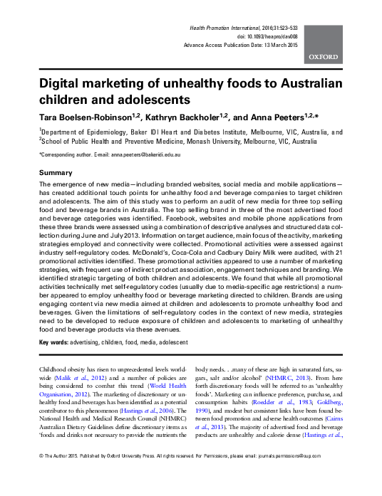 (PDF) Digital marketing of unhealthy foods to Australian children and ...