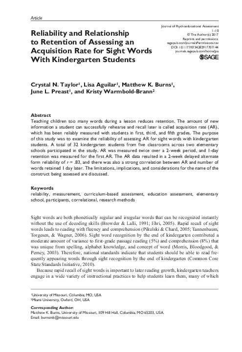 (PDF) Reliability and Relationship to Retention of Assessing an
