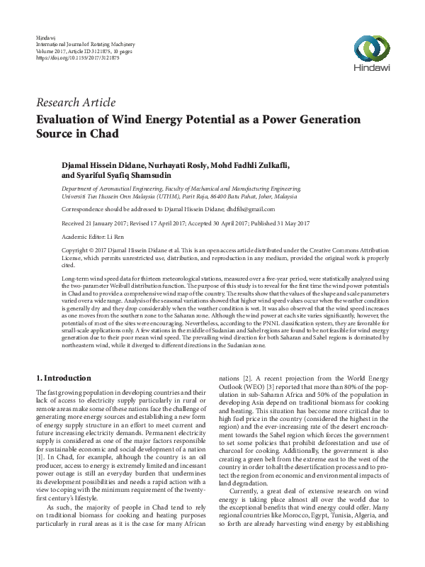 (PDF) Evaluation of Wind Energy Potential as a Power Generation Source