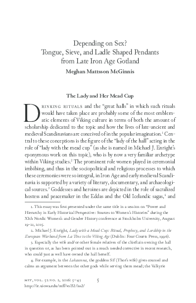 Mattsson McGinnis, M. 2017. "Depending on Sex? Tongue, sieve, and ladle shaped pendants from late Iron Age Gotland." Medieval Feminist Forum: A Journal of Gender and Sexuality 52, no. 2, 5-43.