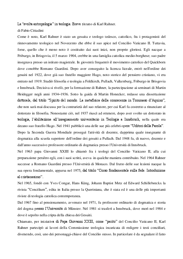 (PDF) La "svolta antropologica" in teologia. Breve ritratto di Karl Rahner.