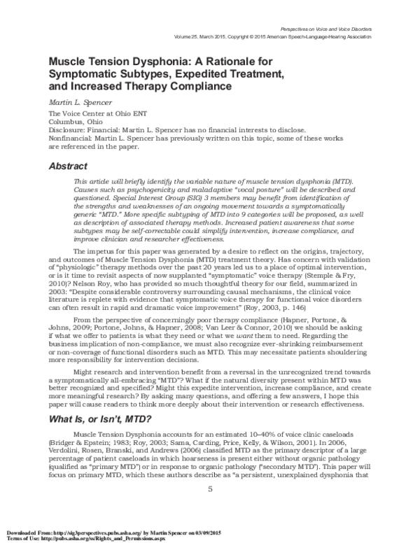 (PDF) Muscle Tension Dysphonia A Rationale for Symptomatic Subtypes