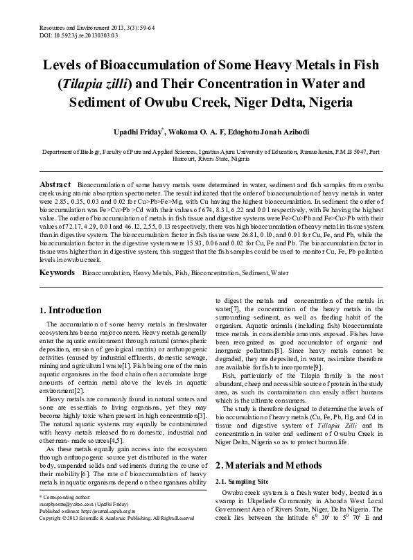 (PDF) Levels of Bioaccumulation of Some Heavy Metals in Fish (Tilapia ...