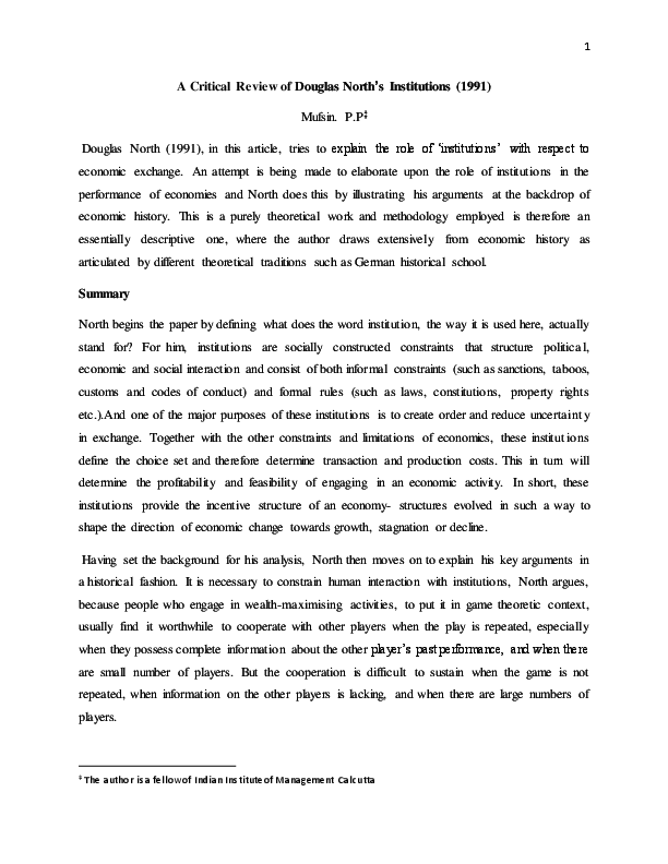 (PDF) Review of Douglass North's "Institutions" (1991)