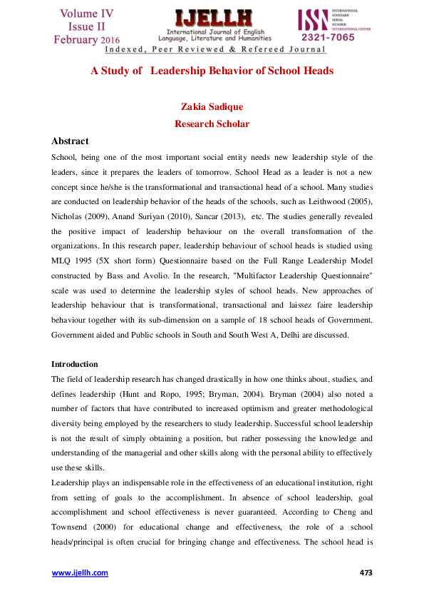 (PDF) A Study of Leadership Behavior of School Heads
