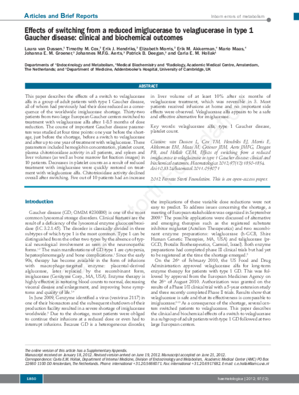 (PDF) Effects of switching from a reduced dose imiglucerase to ...