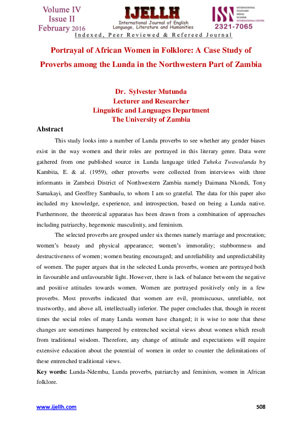 (PDF) Portrayal of African Women in Folklore: A Case Study of Proverbs ...