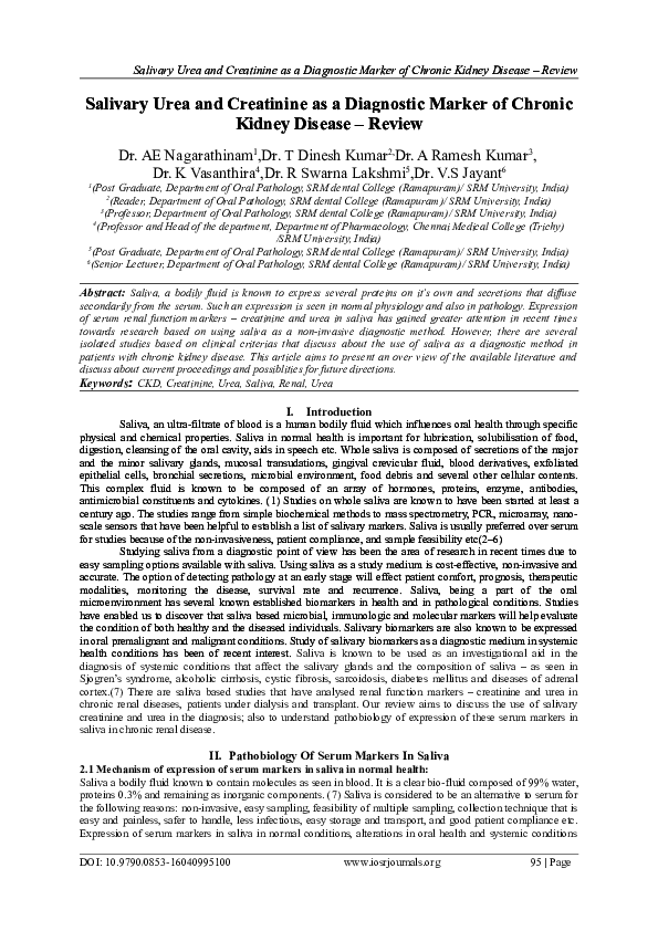 (PDF) Salivary Urea and Creatinine as a Diagnostic Marker of Chronic ...